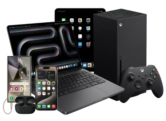 Showcase of smart devices including smartwatches and headphones.