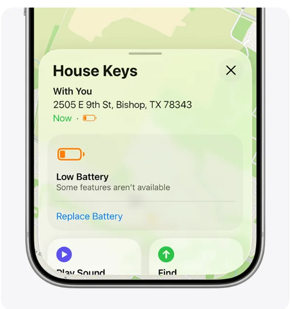 iPhone showing AirTag battery life.