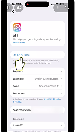  iPhone showing Siri AI (Beta) activation interface.